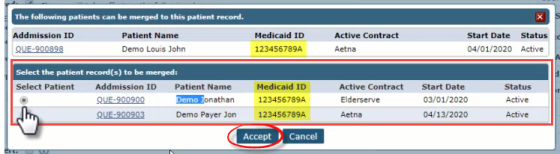 Merging Patient Records: Accept Button